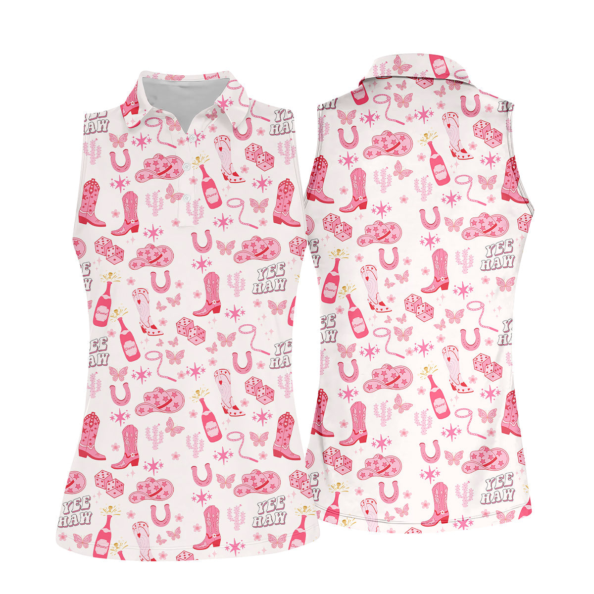 Yee Haw Cowgirl Pink Golf Polo, Western Golf Shirt, Womens Sleeveless Polo, Ladies Golf Shirts