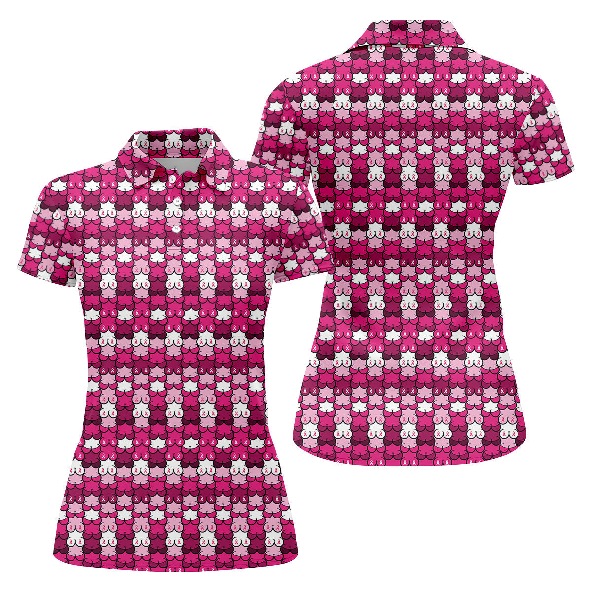 Funny Boobs Pink Ribbon Womens Golf Shirt, Breast Cancer Awareness Shirt, Ladies Golf Shirt