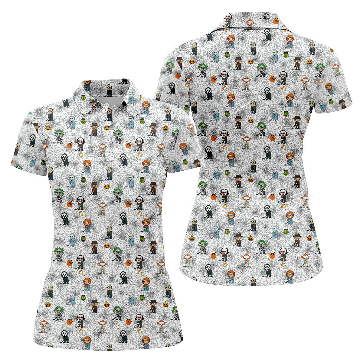 Funny Horror Character White Golf Polo Shirt, Horror Movie Shirt, Halloween Golf Shirt, Womens Golf Polo