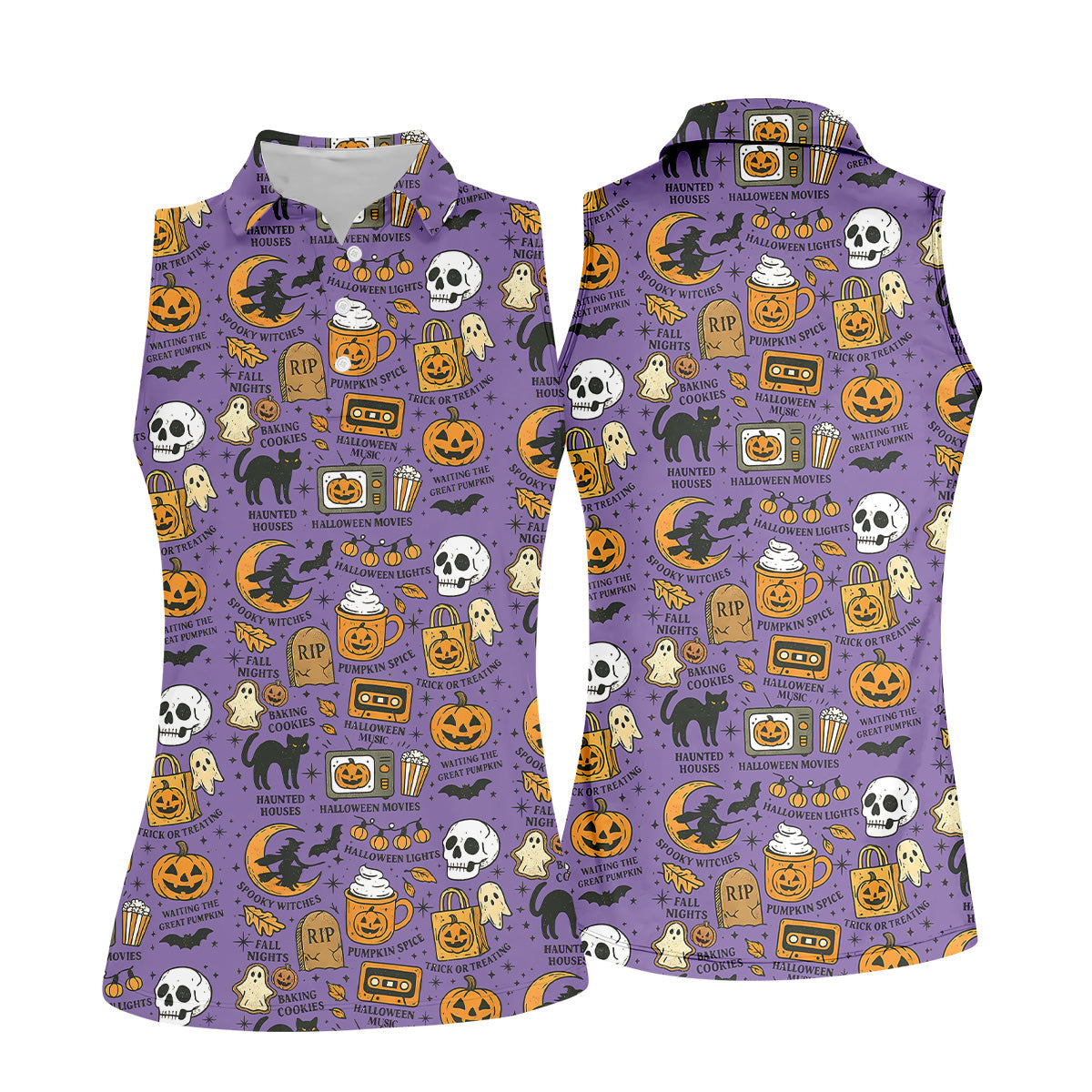 Purple Halloween Skull Golf Shirt, Spooky Cat, Halloween Theme Shirts, Ladies Golf Shirts, Golfing Apparel