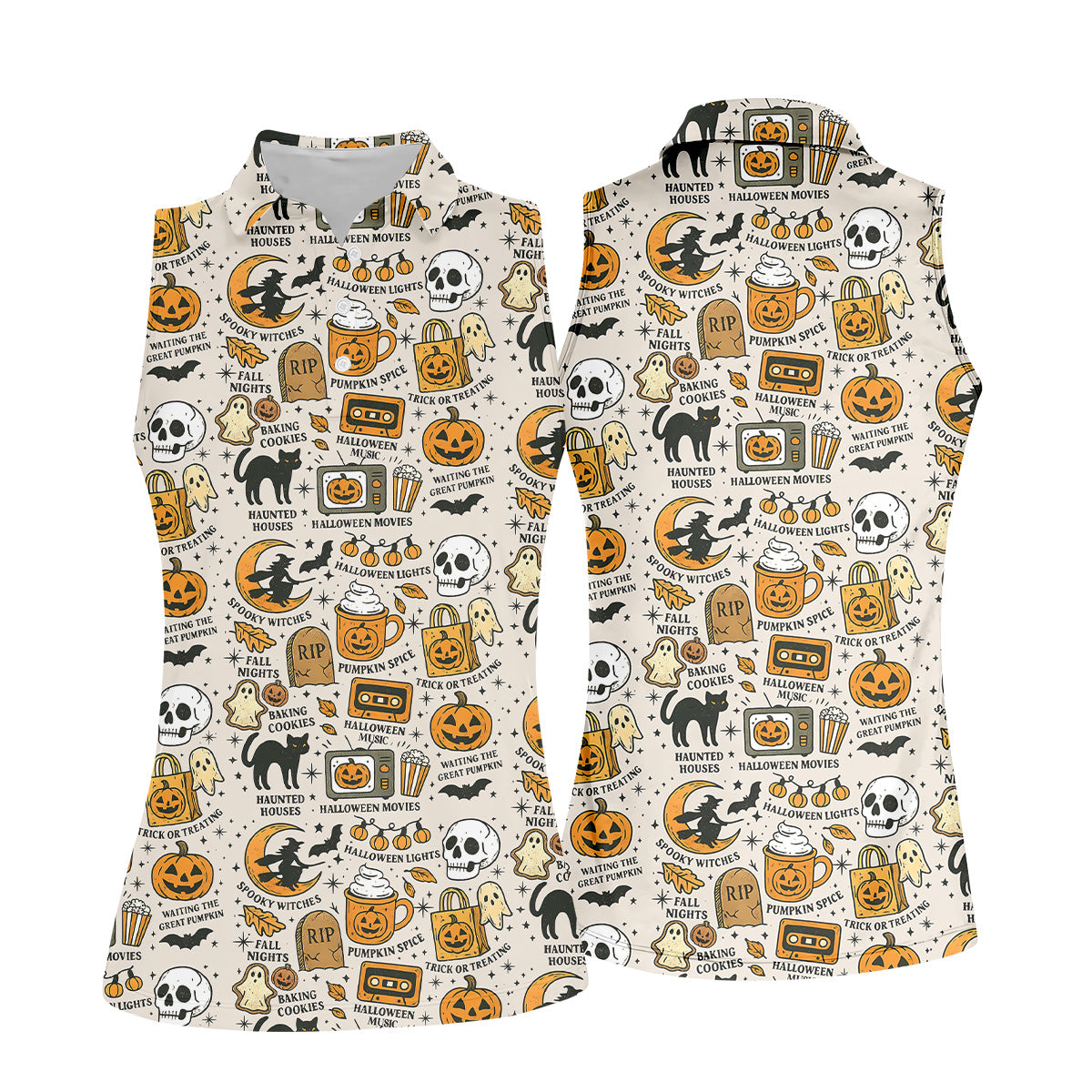 Spooky Witches, Spooky Cat, Cute Halloween T-Shirts, Womens Sleeveless Polo, Ladies Golf Shirts