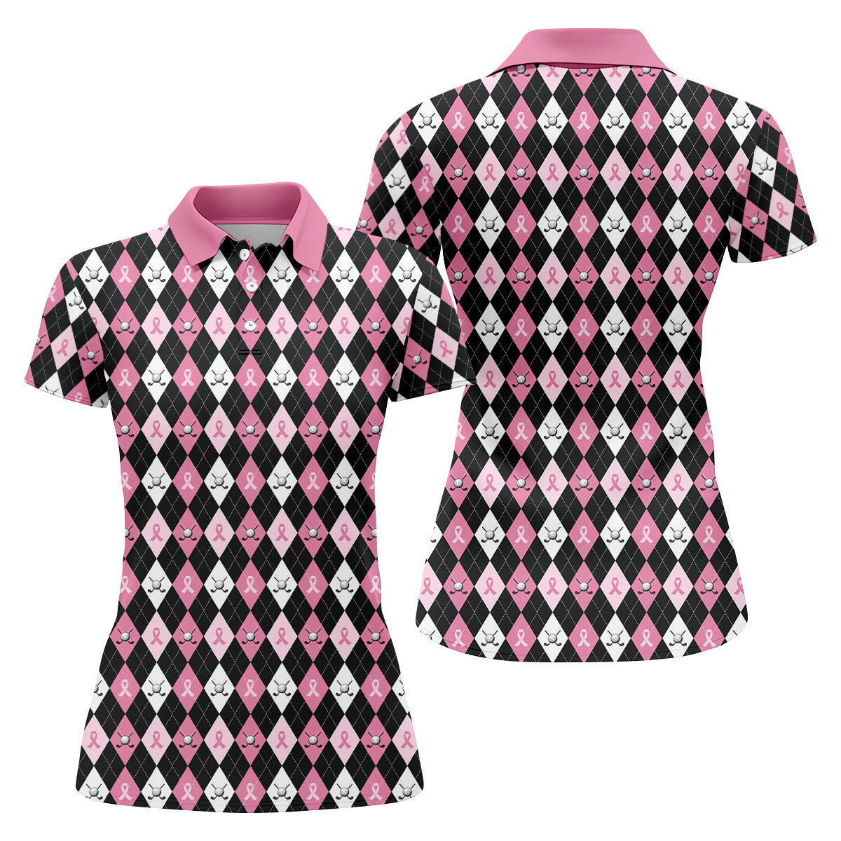 Black Pink Argyle Womens Golf Shirts, Breast Cancer Golf Shirt, Ladies Pink Golf Shirt, Golf Gift For Womens