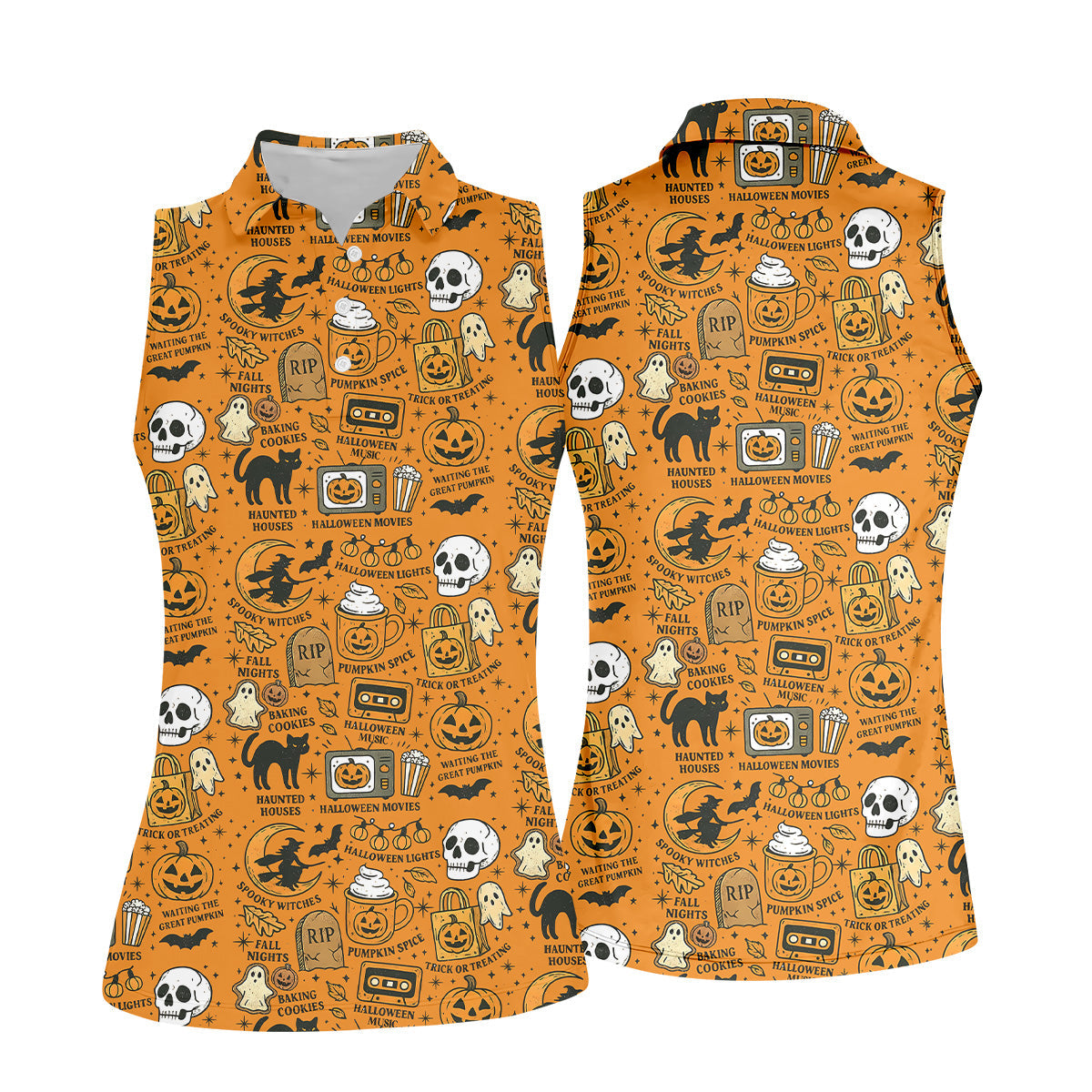 Orange Halloween Cat Golf Polo Shirts, Halloween Theme Shirts, Ladies Golf Shirts, Golfing Apparel