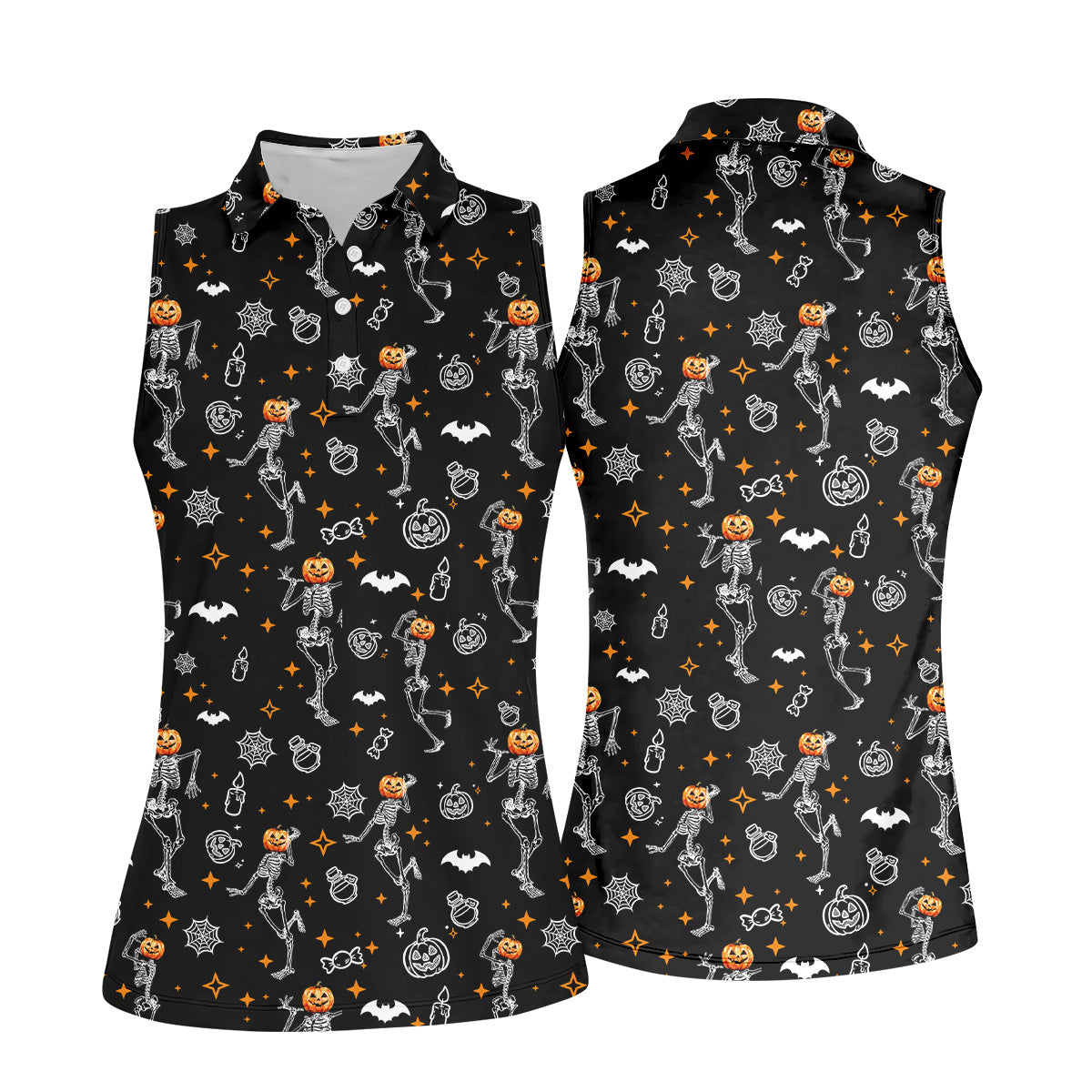 Skeleton Black Golf Shirt, Halloween Golf Shirt, Fun Golf Polos, Sleeveless Womens Golf Shirts, Ladies Golf Shirts