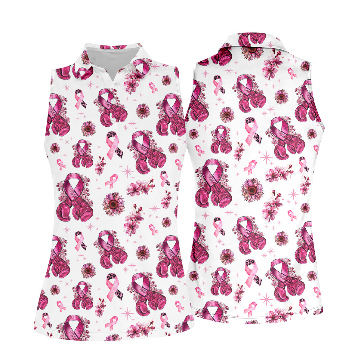 Boxing Gloves Fighter White Breast Cancer Golf Shirt, Breast Cancer Support Shirts, Womens Golf Polo