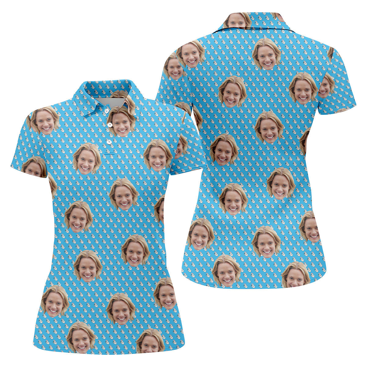 Funny Hands Blue Golf Polo Shirt, Custom Face Golf Shirt, Fun Womens Golf Shirts, Ladies Golf Shirt