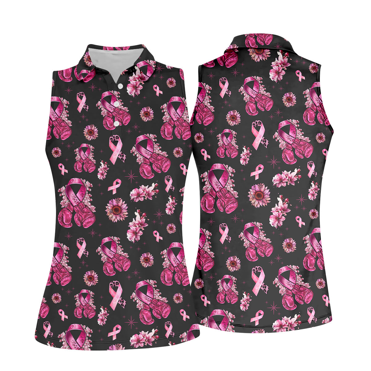 Boxing Gloves Fighter Black Breast Cancer Golf Shirt, Breast Cancer Support Shirts, Womens Golf Polo