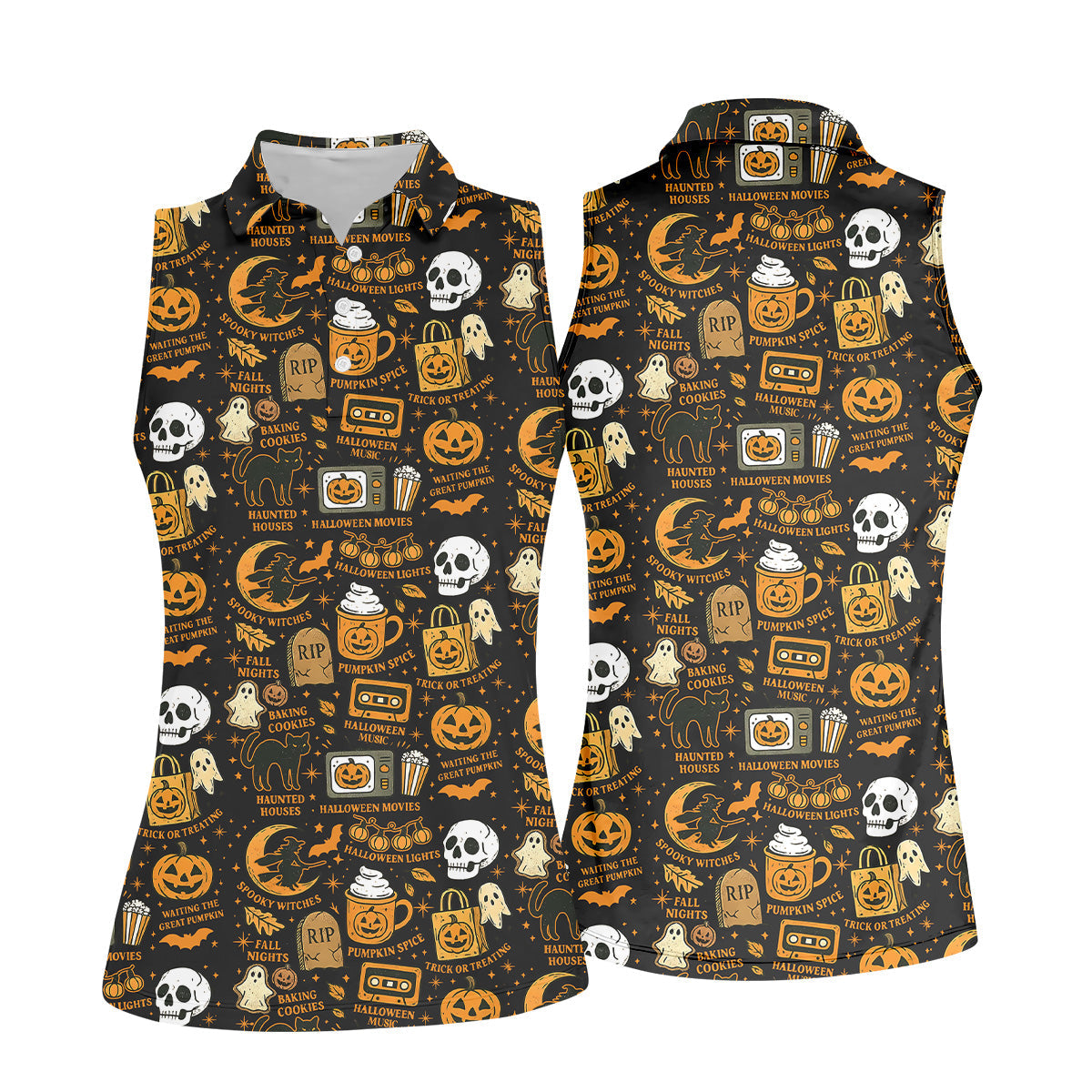 Vintage Halloween Cat Golf Polo Shirts, Halloween Theme Shirts, Ghost Pumpkin Ladies Golf Shirts, Golfing Apparel