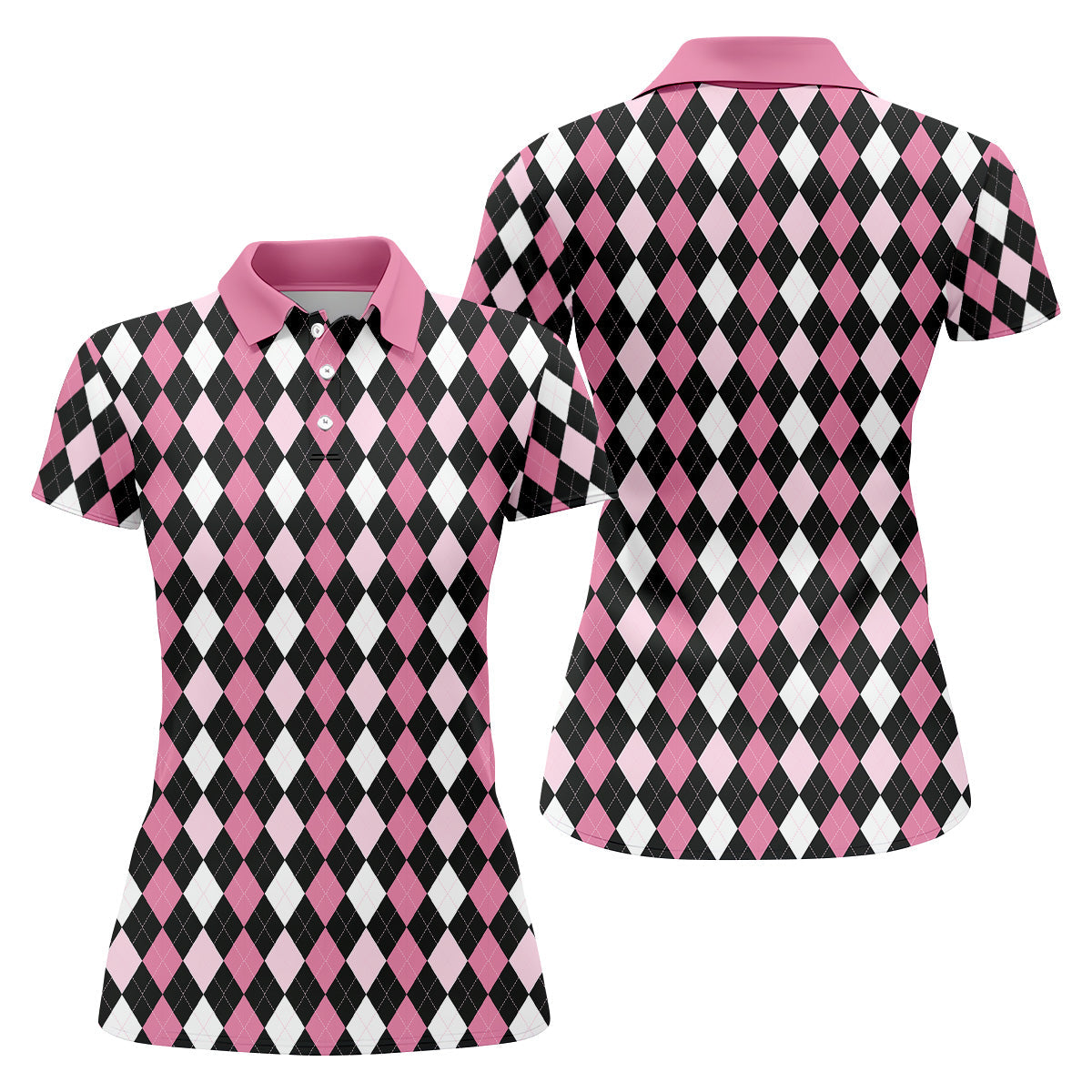 Black Pink Argyle Womens Golf Shirts, Ladies Pink Golf Shirt, Womens Golf Polo Shirts, Golf Gift For Womens