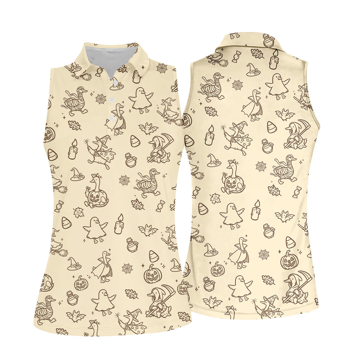 Goose Halloween, Doodle Pattern, Beige Golf Shirt, Sleeveless Womens Golf Shirts, Women Golf Top, Ladies Golf Shirts