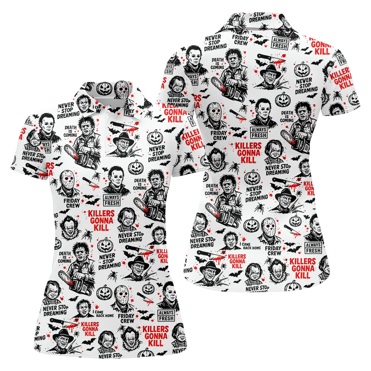 Funny Horror Character Men's Golf Polo Shirt, Horror Movie Shirt, Fun Womens Golf Shirts, Funny Halloween Gift