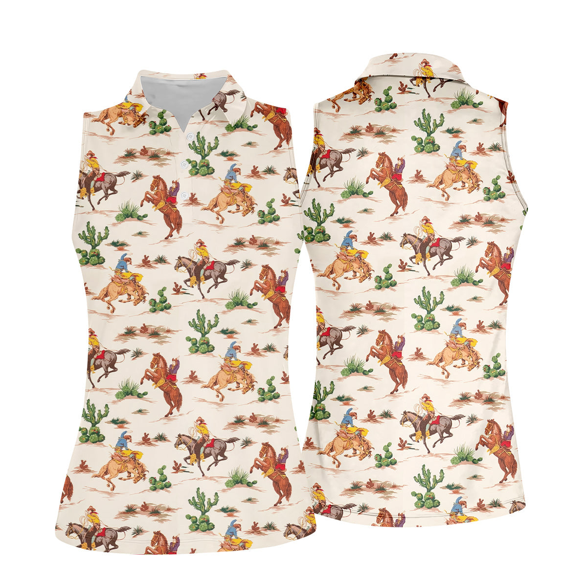 Cowboy Western Beige Polo Shirt, Women's Long Sleeve Golf Shirts, Ladies Golf Polos