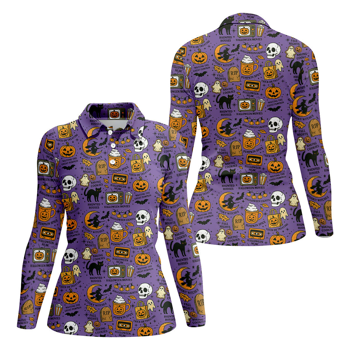 Purple Halloween Skull Golf Shirt, Spooky Cat, Halloween Theme Shirts, Ladies Golf Shirts, Golfing Apparel