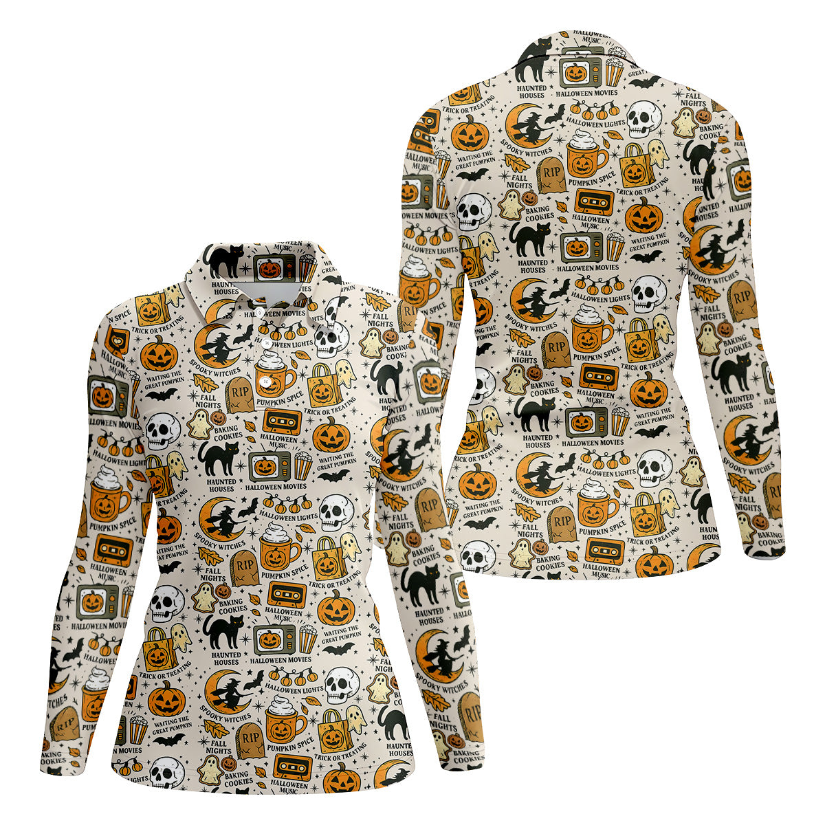 Spooky Witches, Spooky Cat, Cute Halloween T-Shirts, Womens Sleeveless Polo, Ladies Golf Shirts