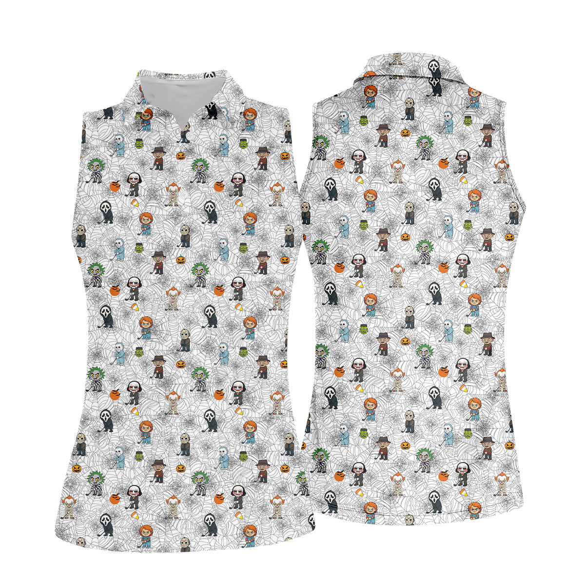 Funny Horror Character White Golf Polo Shirt, Horror Movie Shirt, Halloween Golf Shirt, Womens Golf Polo