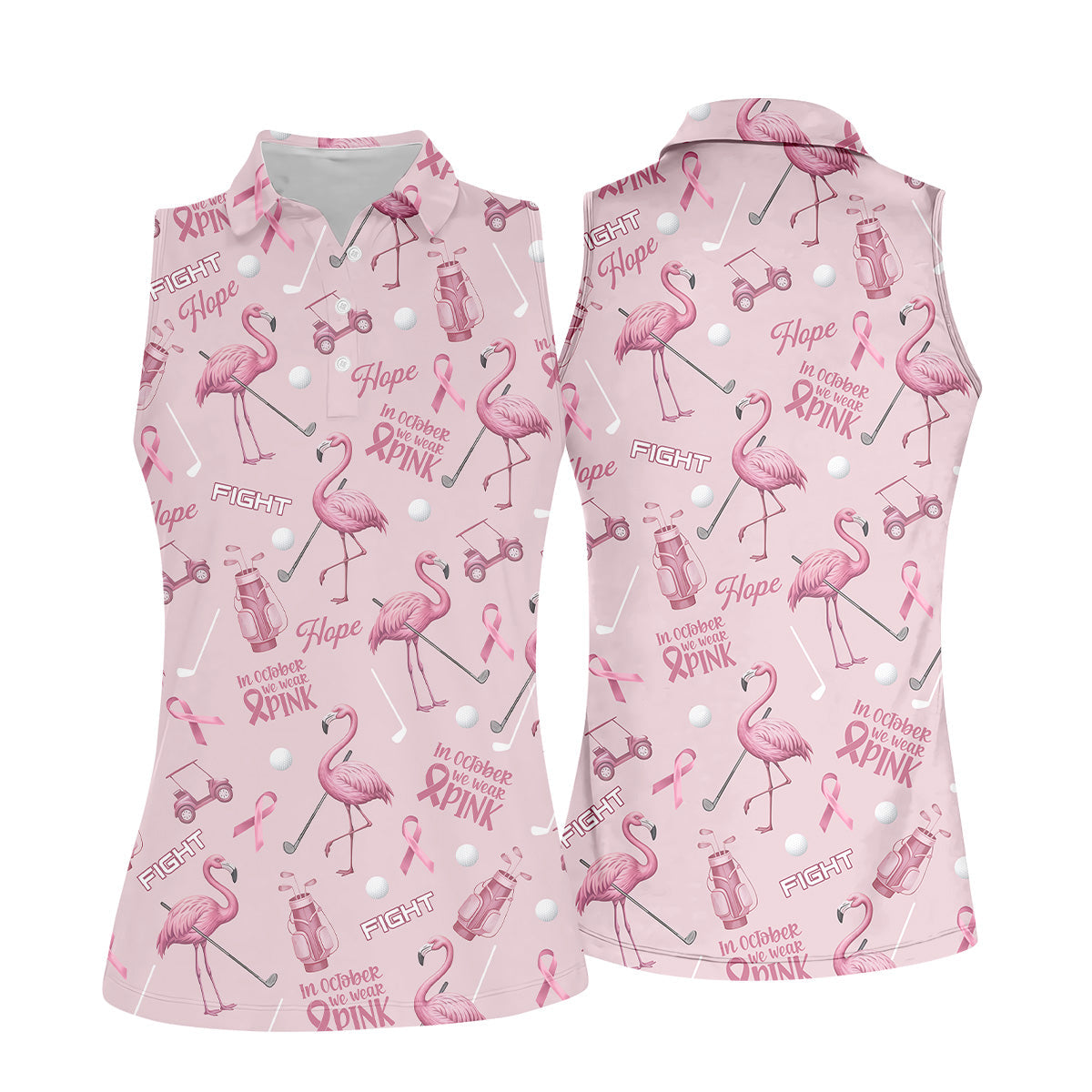 Funny Flamingo Pink Ribbon Golf Shirt, Breast Cancer Awareness Shirt, Ladies Golf Shirt, Golf Gift For Women