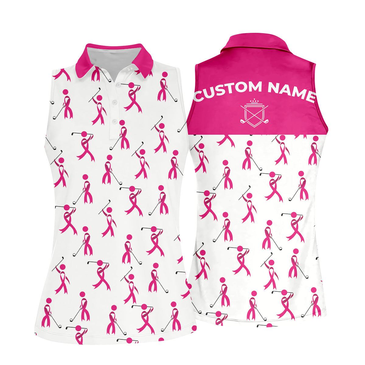 Funny Stick Figure Pink Ribbon Golf Shirt, Fun Womens Golf Shirts, Breast Cancer Support Shirt, Ladies Golf Shirt