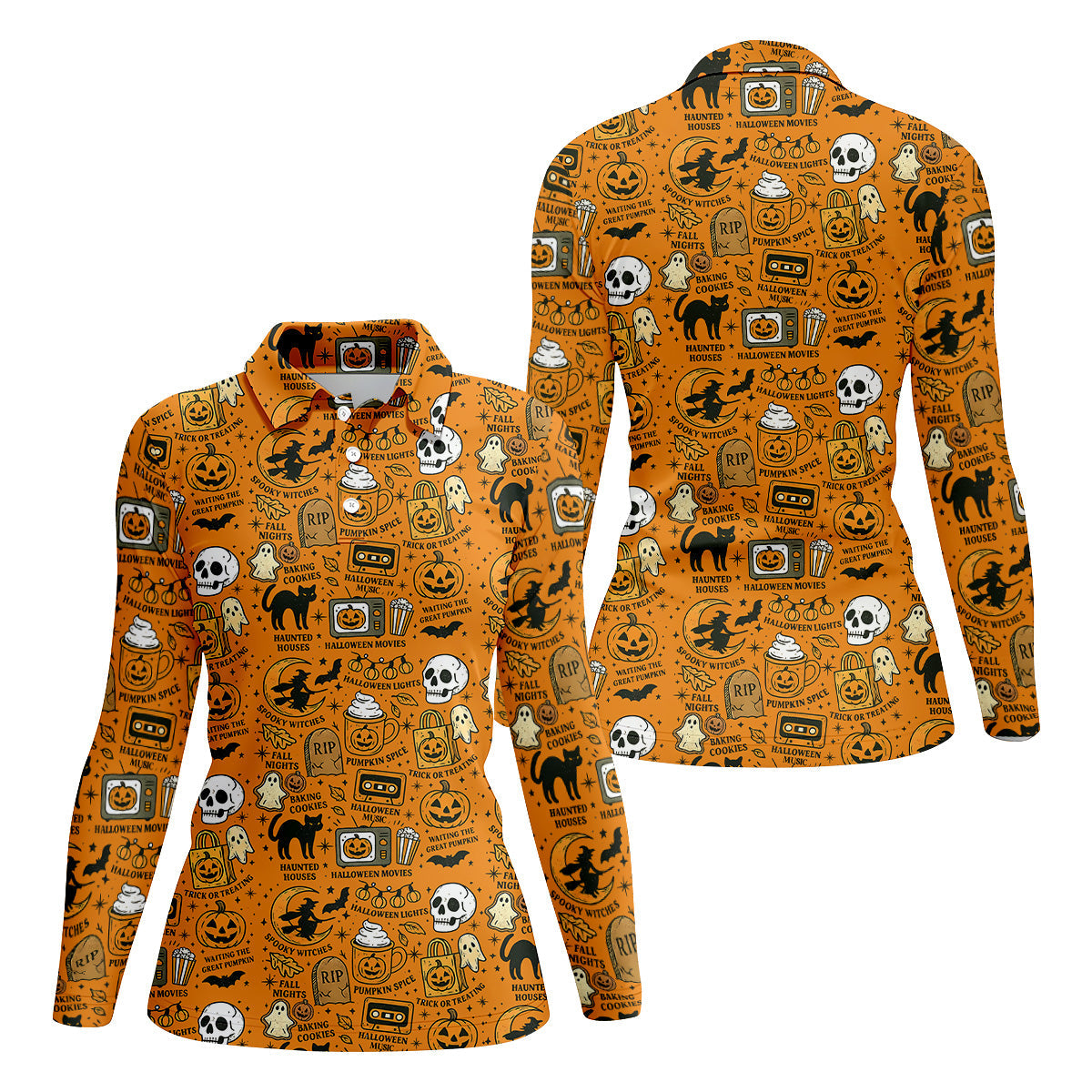 Orange Halloween Cat Golf Polo Shirts, Halloween Theme Shirts, Ladies Golf Shirts, Golfing Apparel