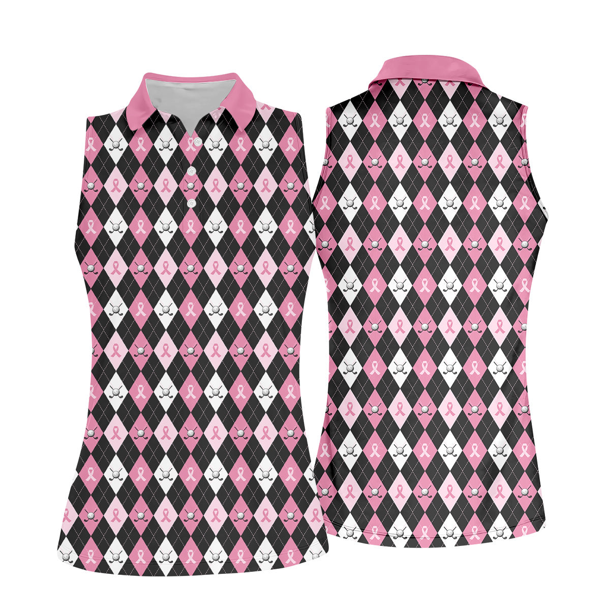 Black Pink Argyle Womens Golf Shirts, Breast Cancer Golf Shirt, Ladies Pink Golf Shirt, Golf Gift For Womens
