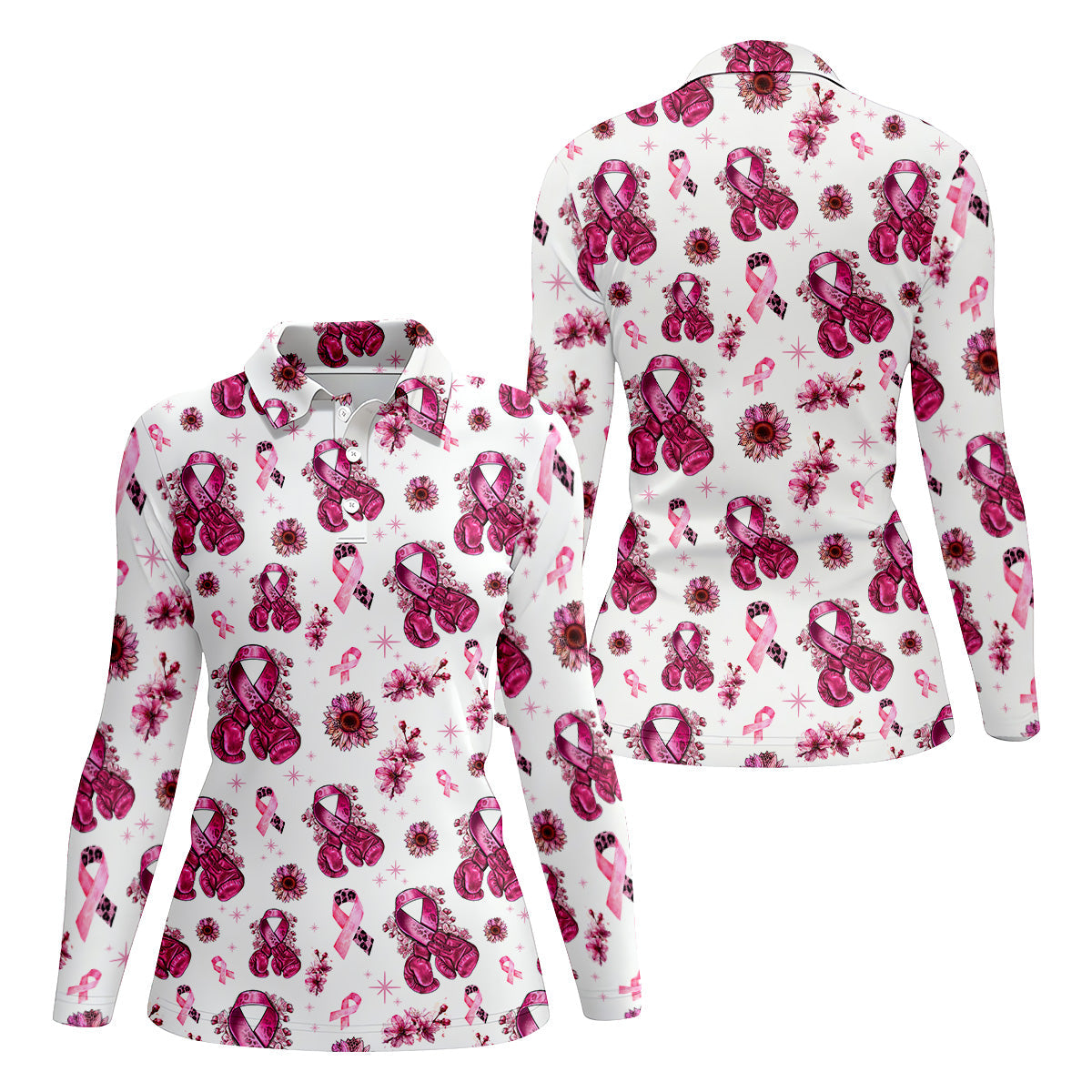 Boxing Gloves Fighter White Breast Cancer Golf Shirt, Breast Cancer Support Shirts, Womens Golf Polo