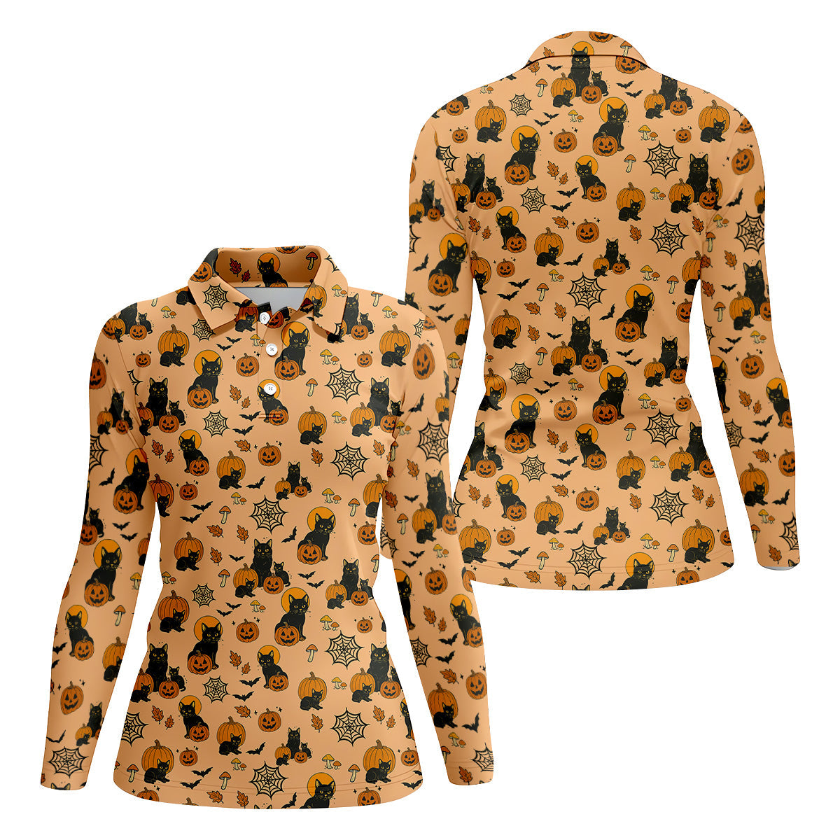 Orange Pumpkin, Cat Halloween Shirt, Sleeveless Womens Golf Shirts, Ladies Golf Tops, Vintage Halloween Outfit