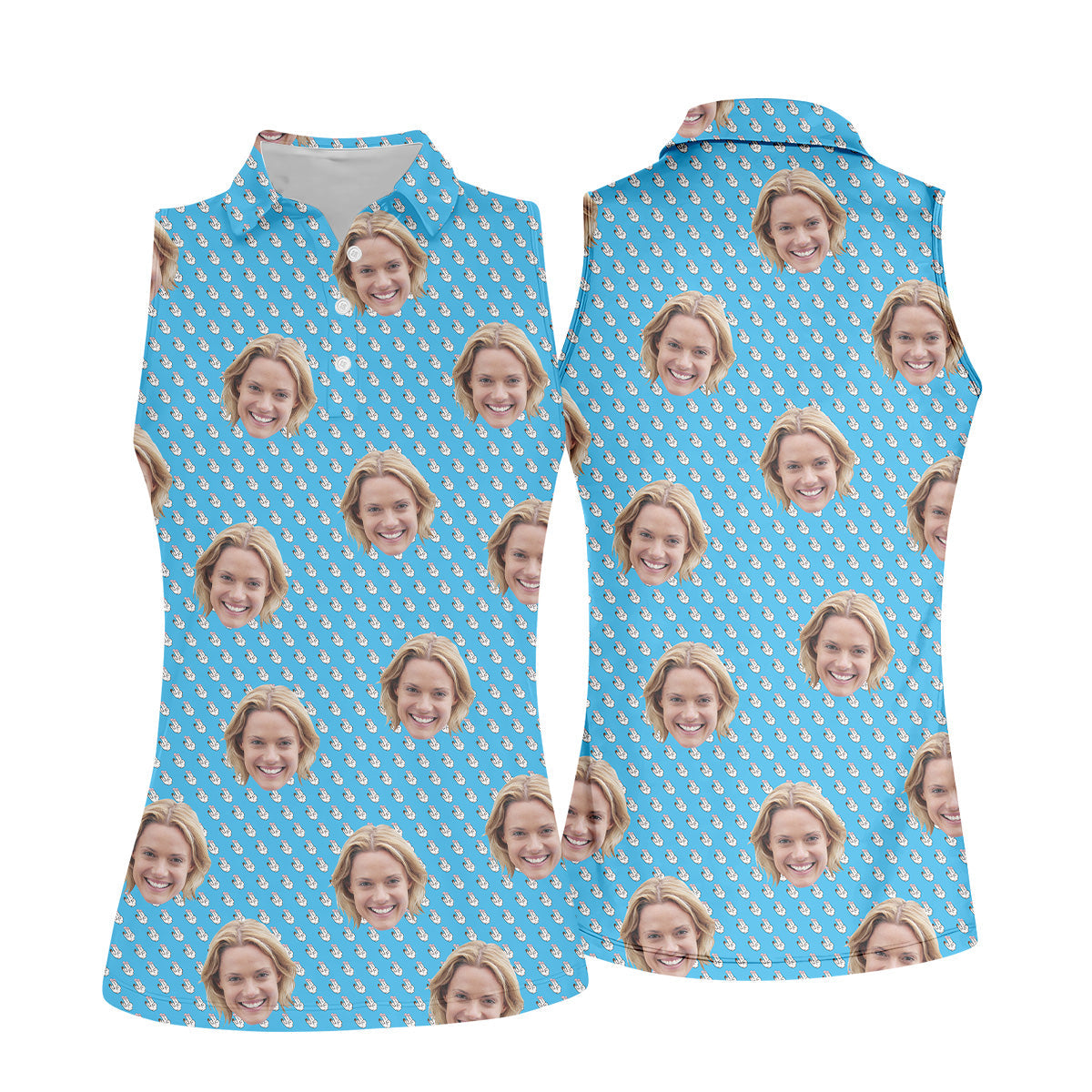 Funny Hands Blue Golf Polo Shirt, Custom Face Golf Shirt, Fun Womens Golf Shirts, Ladies Golf Shirt