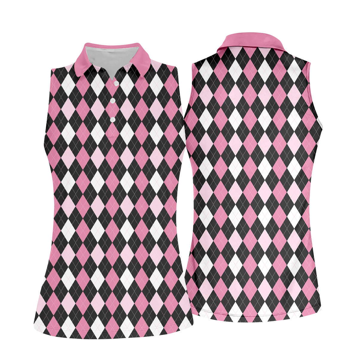 Black Pink Argyle Womens Golf Shirts, Ladies Pink Golf Shirt, Womens Golf Polo Shirts, Golf Gift For Womens