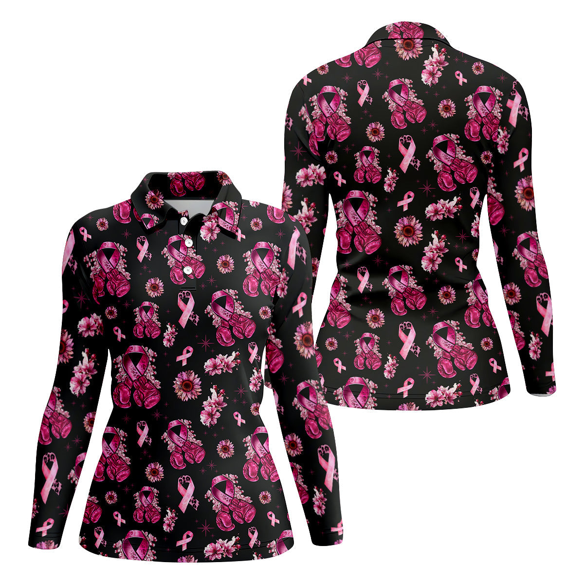 Boxing Gloves Fighter Black Breast Cancer Golf Shirt, Breast Cancer Support Shirts, Womens Golf Polo
