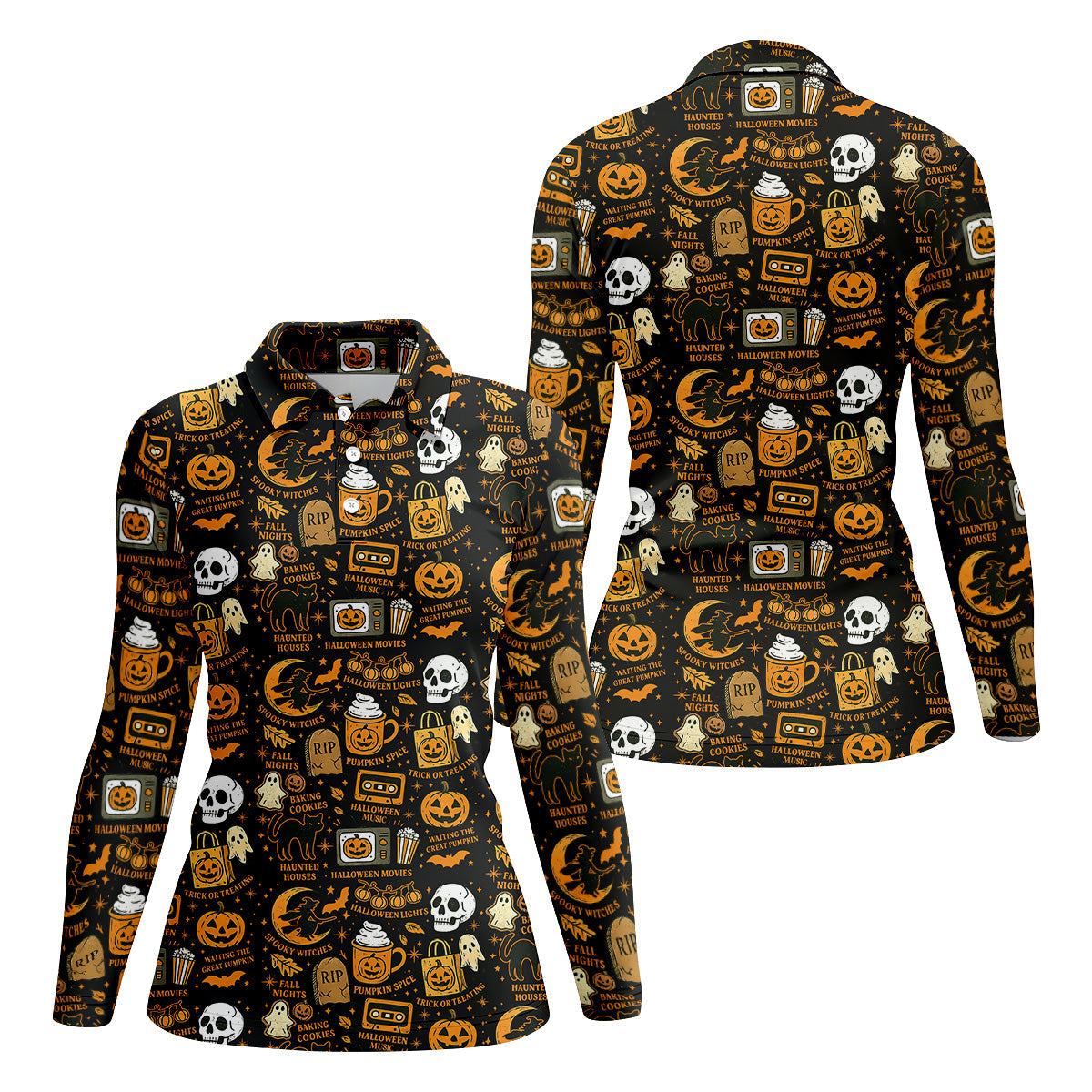 Vintage Halloween Cat Golf Polo Shirts, Halloween Theme Shirts, Ghost Pumpkin Ladies Golf Shirts, Golfing Apparel