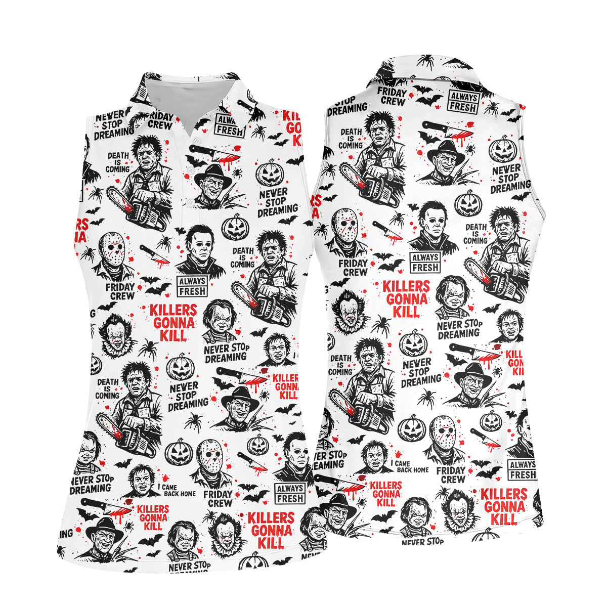 Funny Horror Character Men's Golf Polo Shirt, Horror Movie Shirt, Fun Womens Golf Shirts, Funny Halloween Gift