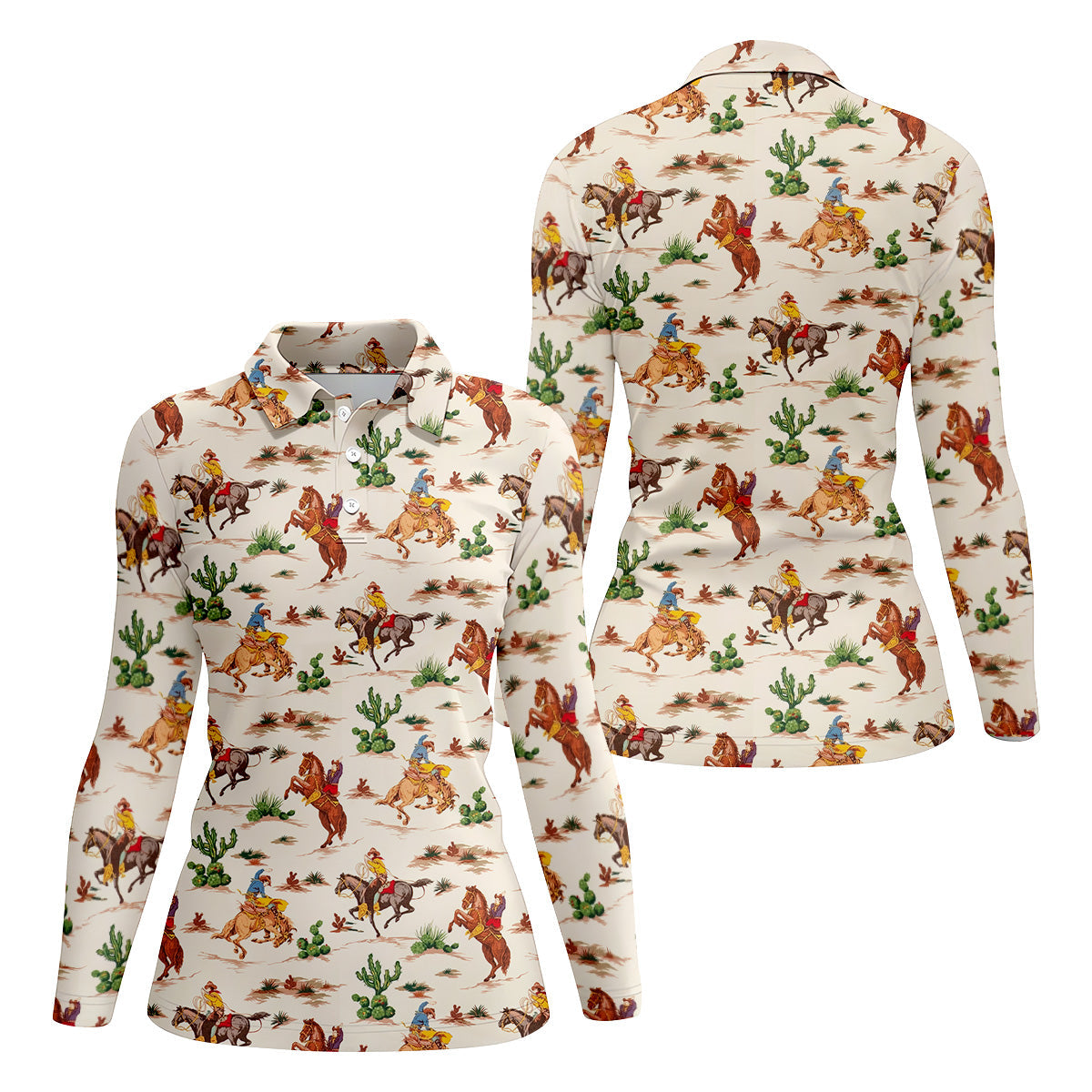 Cowboy Western Beige Polo Shirt, Women's Long Sleeve Golf Shirts, Ladies Golf Polos