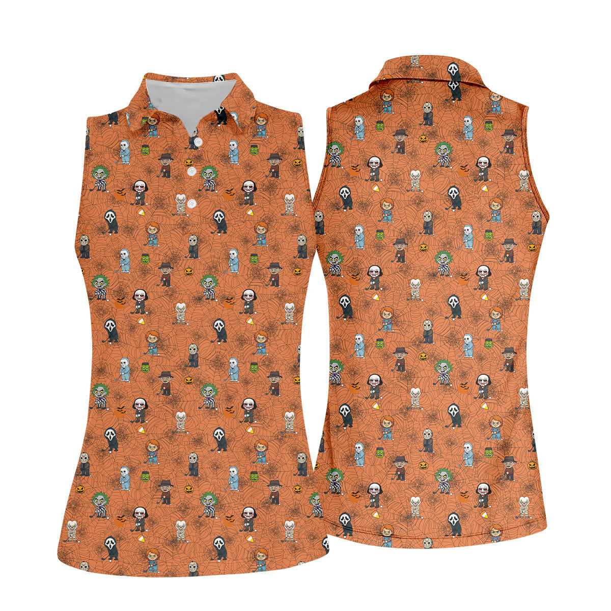 Funny Horror Character Orange Golf Polo Shirt, Horror Movie Shirt, Halloween Golf Shirt, Womens Golf Polo