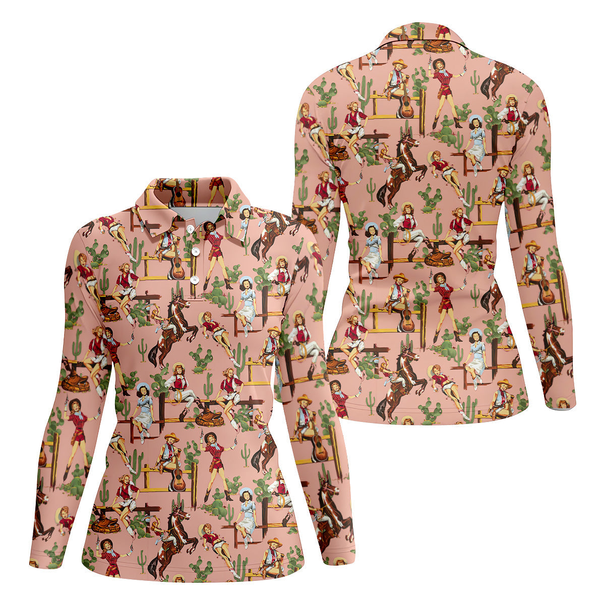 Desert Cowgirl Western Golf Shirt, Ladies Long Sleeve Golf Shirts, Women's Polo Shirt