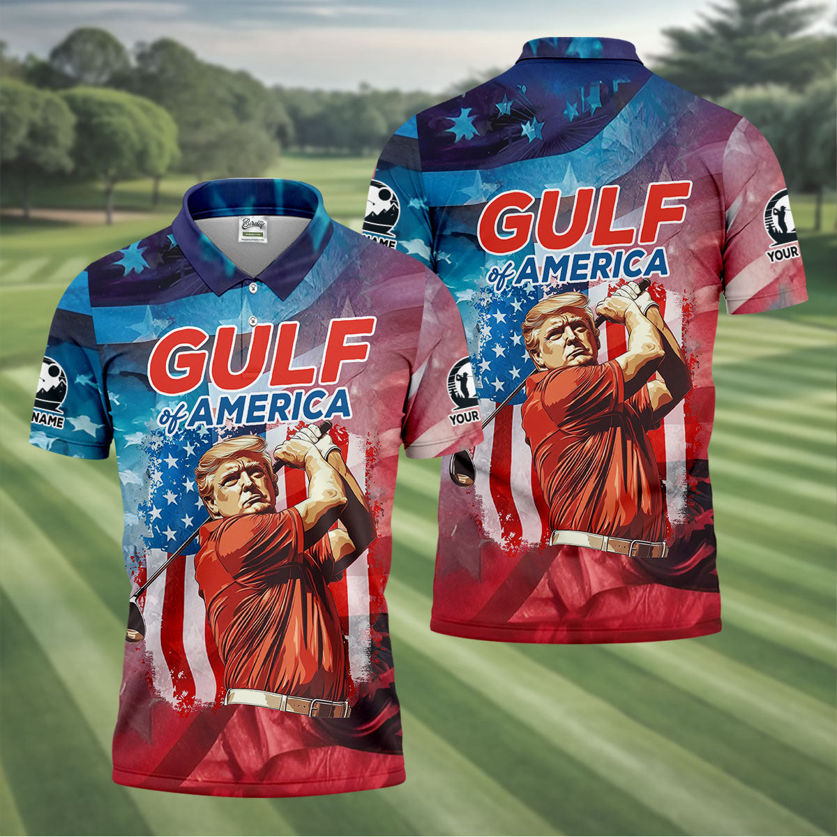 Gulf Of America Patriotic Golf Polo Shirts, Mens Golf Polo Shirts, Golf Gift Ideas For Him, Long Sleeve Golf Polo
