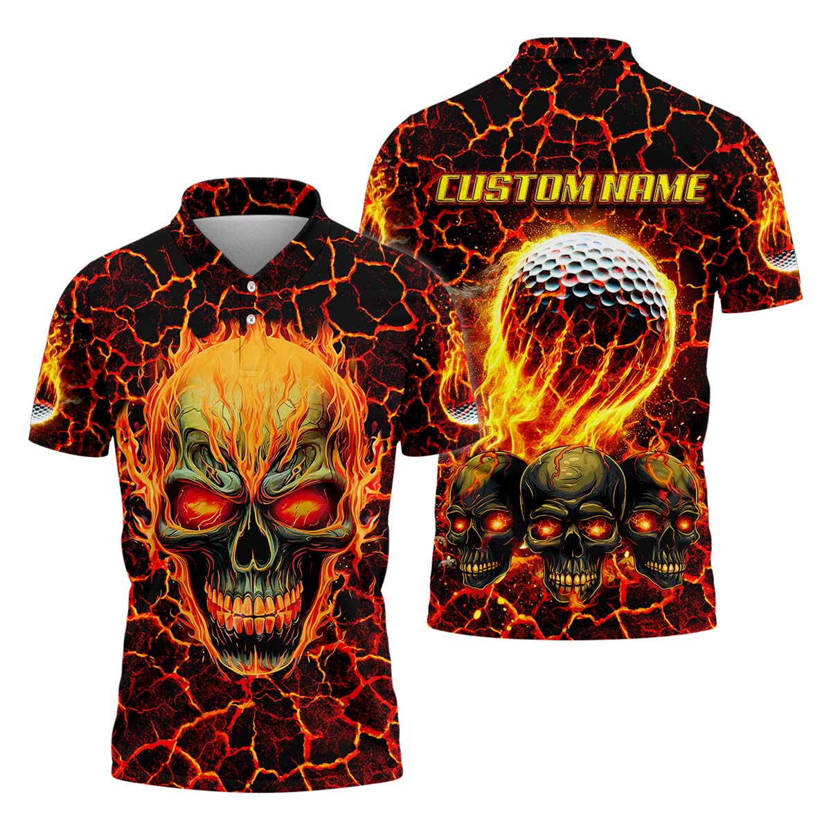 Custom Flaming Skull Men's Golf Polo Shirt, Funny Golf Shirt, Gift For Golfers