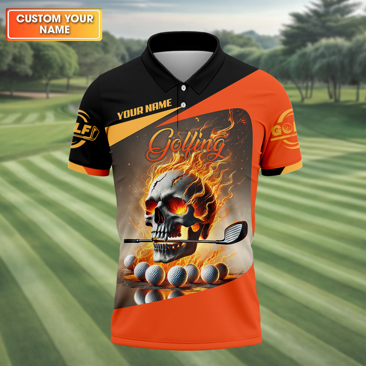 Custom Flame Skull Golf Polo Shirt, Golfing Apparel, Mens Golf Gift, Funny Golf Shirt
