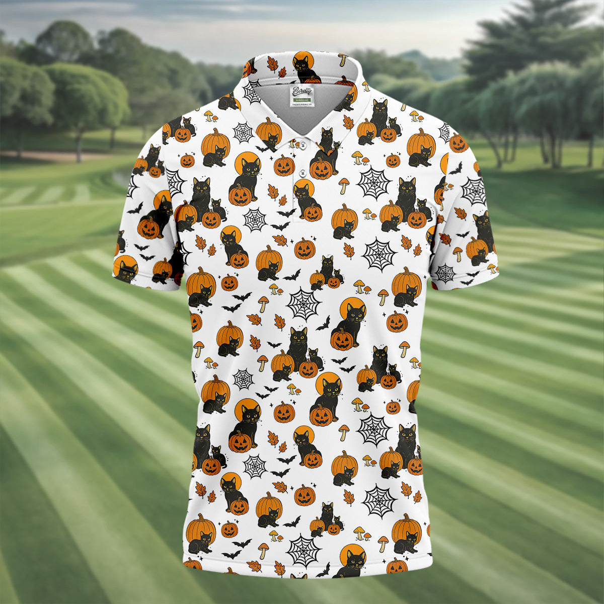 Halloween Cat Pumpkin Men Polo, Fun Golf Shirts For Men, Cool Golf Gifts, Golfing Apparel
