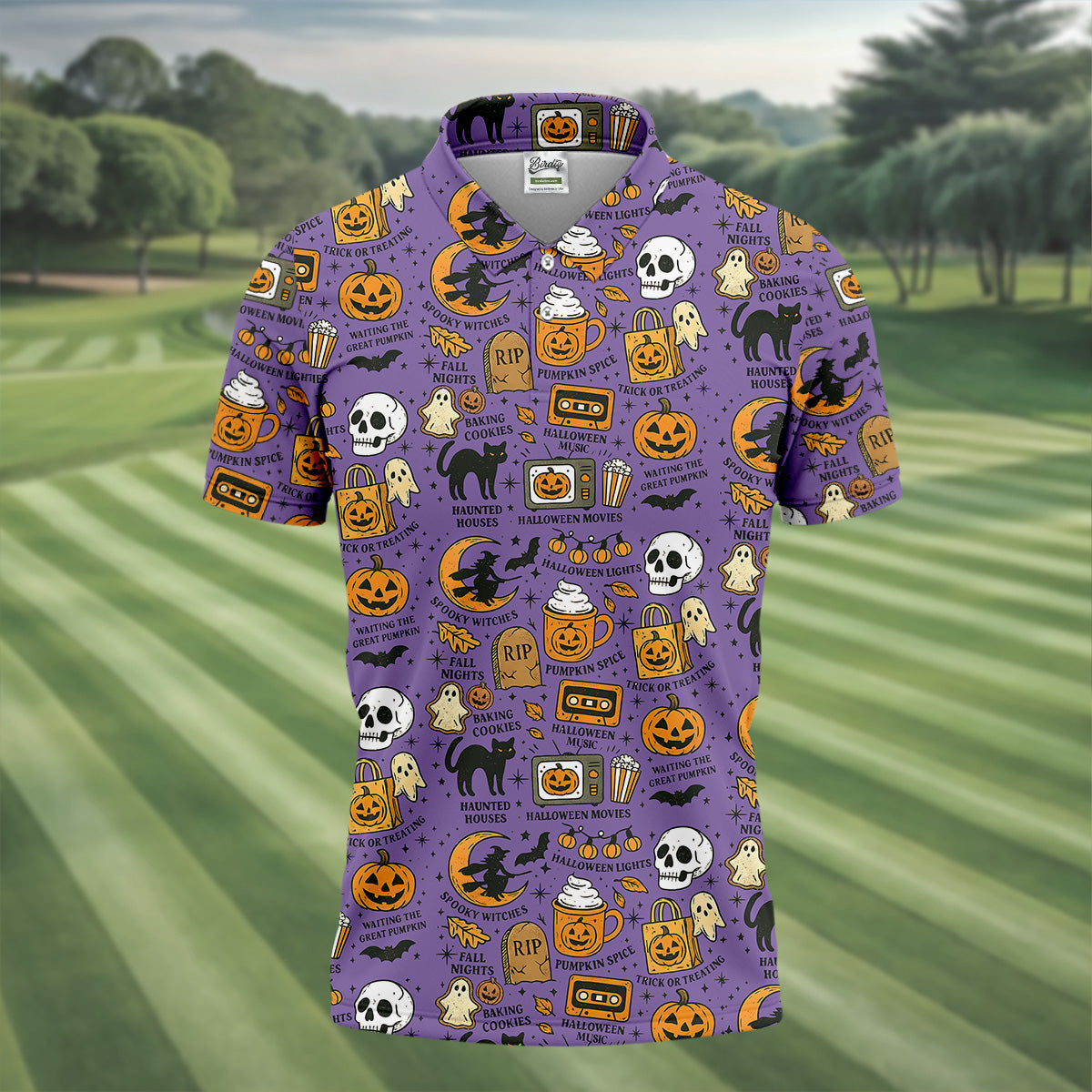 Purple Halloween Skull Golf Shirt, Spooky Cat, Mens Golf Polo Shirts, Halloween Theme Shirts, Golfing Apparel