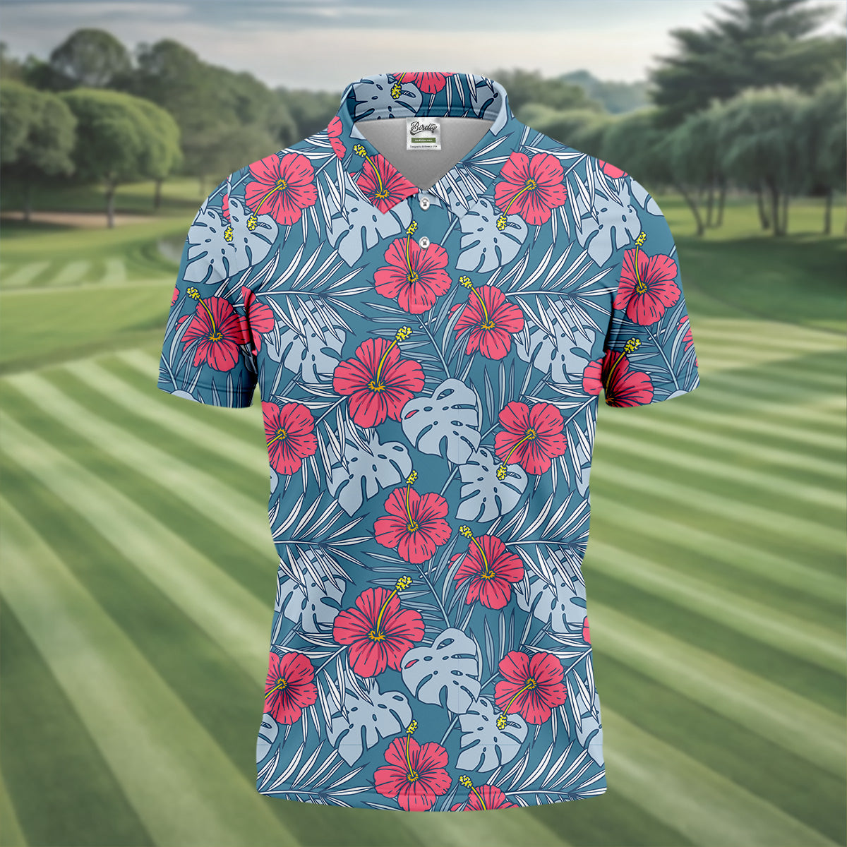 Hibiscus Flower And Leaf Patterned Golf Shirts, Men Golf Polo, Hawaiian Polo Golf Shirts, Matching Golf Shirts