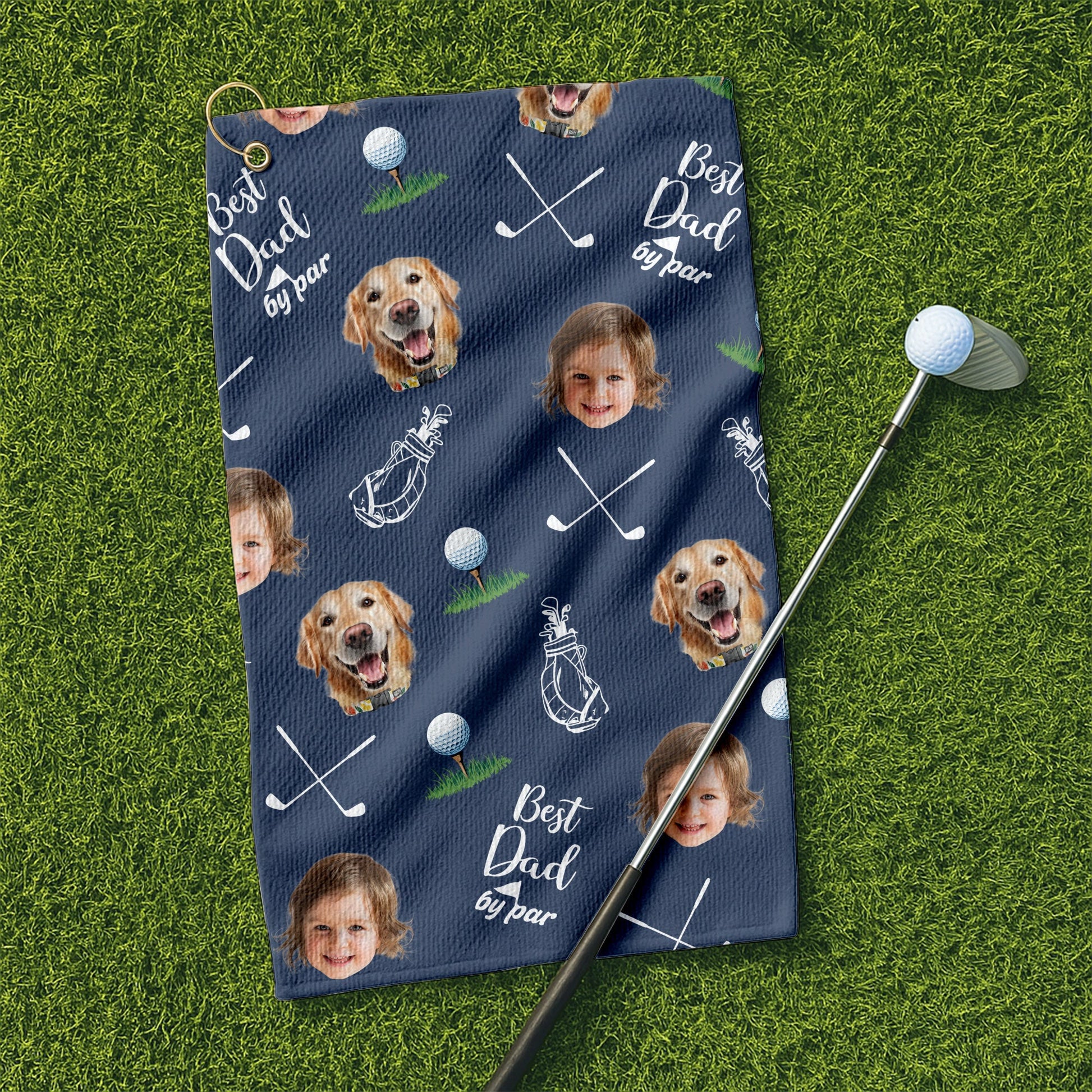 Best Dad By Par Custom Golf Towel With Kids Photo, Custom Pet Photo Towel, Dad Golf Gift