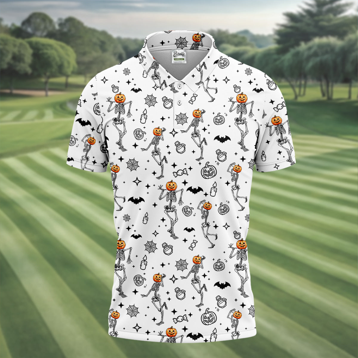 Skeleton Golf Shirt, Halloween Golf Shirt, Fun Golf Polos, Men's Long Seeve Golf Shirts, Golf Gifts For Men