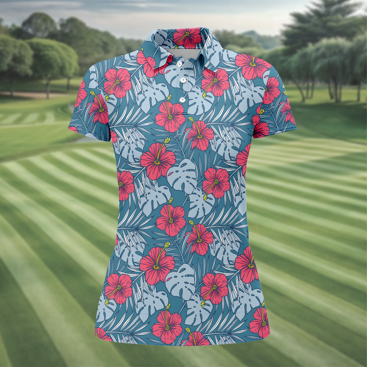 Hibiscus Flower And Leaf Patterned Golf Shirts, Womens Golf Polo Shirts, Tropical Golf Shirts