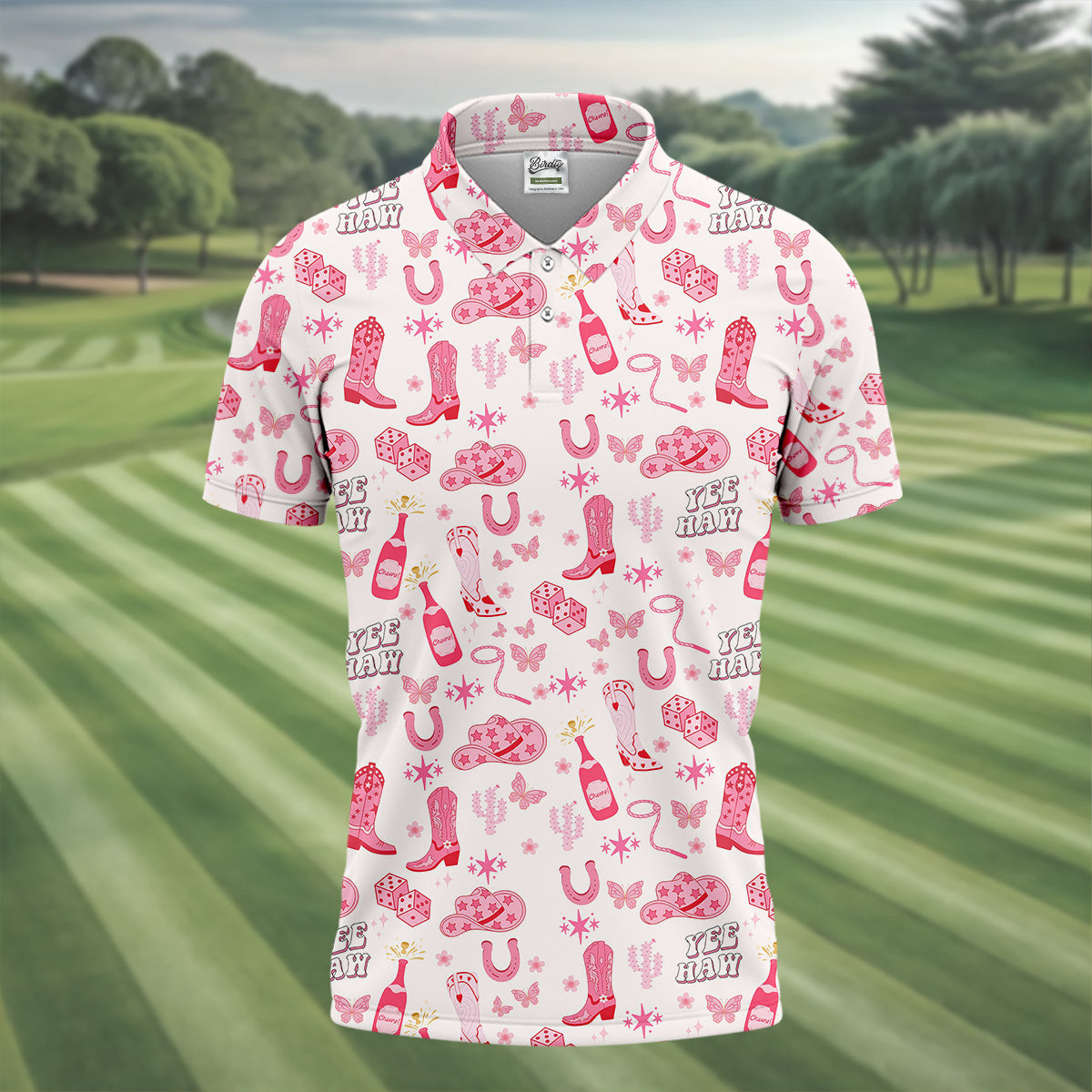 Yee Haw Cowgirl Pink Golf Polo, Western Golf Shirt, Fun Golf Shirts For Men, Golfing Apparel