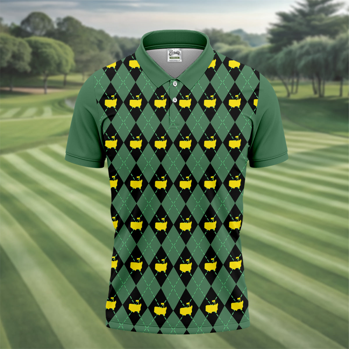 Green and Black Classic Argyle Golf Tops For Men, Mens Golf Polo Shirts, Golfing Apparel
