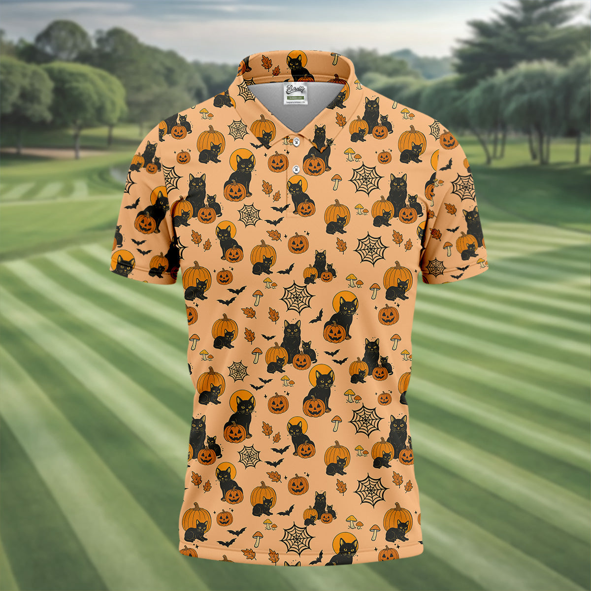 Black Cat Pumpkin Halloween Golf Shirt, Orange Golf Shirt, Mens Golf Polo Shirts, Golfing Apparel