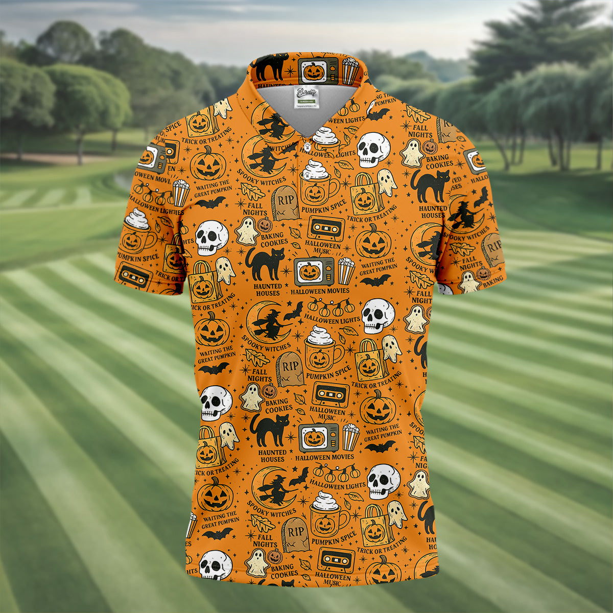 Orange Halloween Cat Golf Polo Shirts, Halloween Theme Shirts, Mens Golf Polo Shirts, Golfing Apparel