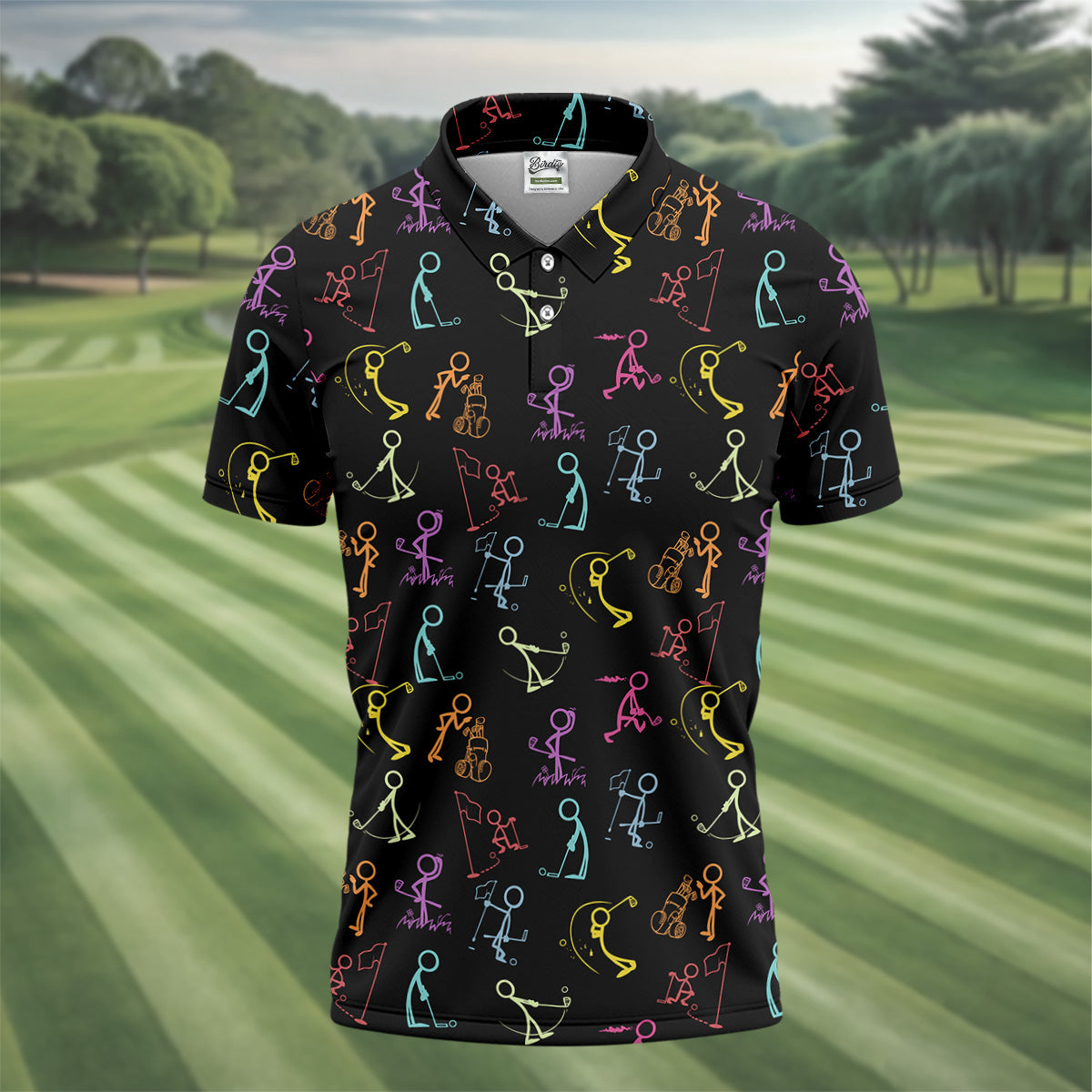 Funny Stickman Golfer Pose Black Golf Shirt, Unique Gift For Golfer, Men's Golf Polo, Golfing Apparel