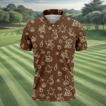 Goose Halloween Golf Shirt, Pumpkin Pattern Golf Shirt, Brown Golf Polo, Long Sleeve Golf Shirts, Men Golf Polo
