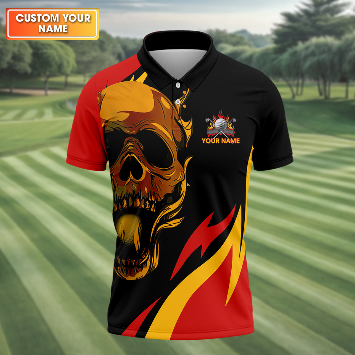 Custom Fire Skull Men's Golf Polo Shirt, Mens Golf Gift, Funny Golf Shirt