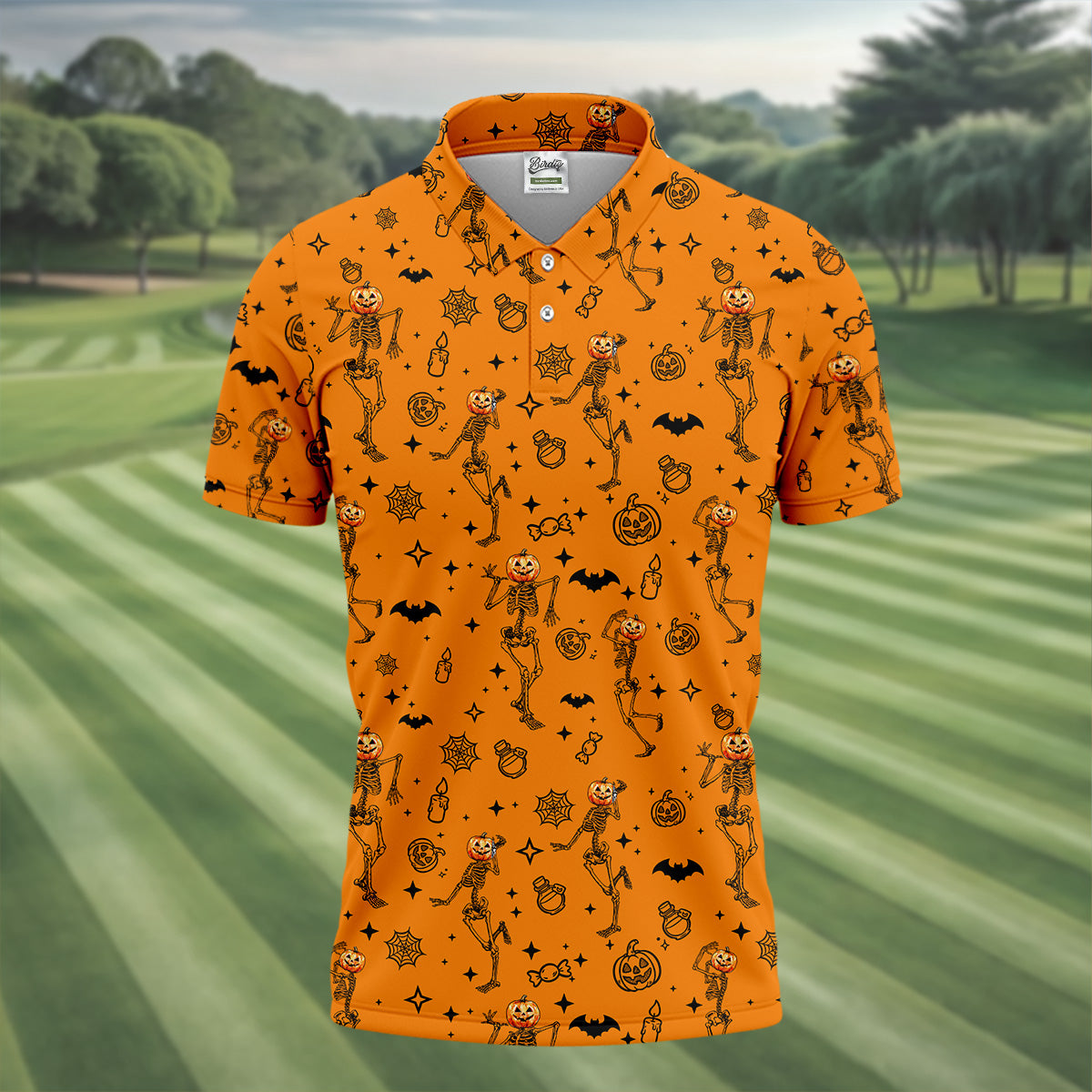 Skeleton Orange Golf Shirt, Halloween Golf Shirt, Fun Golf Polos, Men's Long Seeve Golf Shirts, Golf Gifts For Men